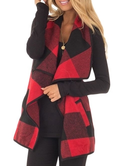 Yacun Women Vest Open Front Buffalo Plaid Sleeveless Cardigan Shawl Coat