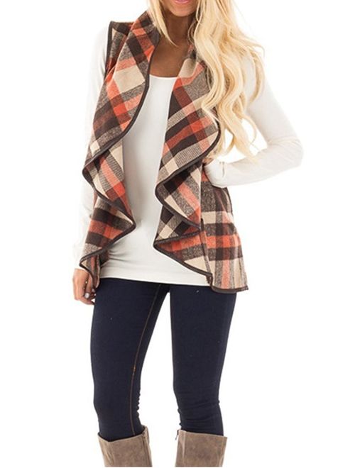 Yacun Women Vest Open Front Buffalo Plaid Sleeveless Cardigan Shawl Coat