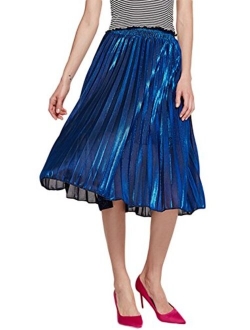 Chartou Women's Premium Metallic Shiny Shimmer Accordion Pleated Long Maxi Skirt