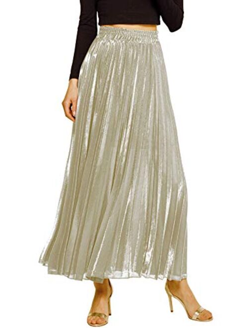 Chartou Women's Premium Metallic Shiny Shimmer Accordion Pleated Long Maxi Skirt