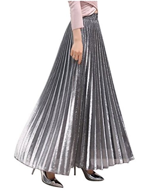 Chartou Women's Premium Metallic Shiny Shimmer Accordion Pleated Long Maxi Skirt