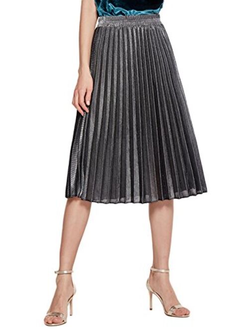 Chartou Women's Premium Metallic Shiny Shimmer Accordion Pleated Long Maxi Skirt