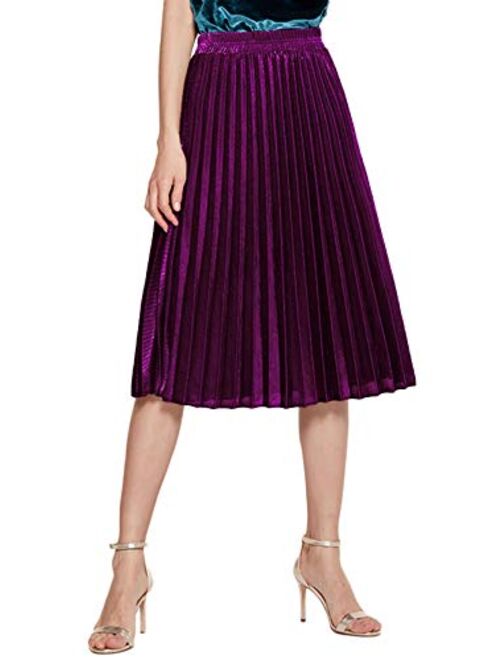 Chartou Women's Premium Metallic Shiny Shimmer Accordion Pleated Long Maxi Skirt