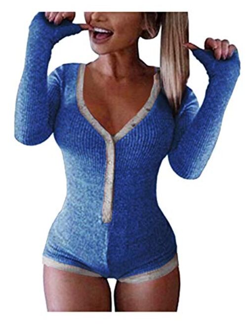 Roselux Women's Sexy Deep V Neck Shorts Long Sleeve knitted lounge set And Pajama Onesie Bodycon Rompers Overall Set