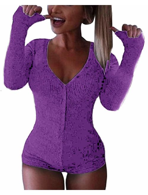 Moxeay V-Neck One Piece Bodysuit Bodycon Rompers Overall