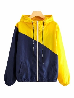 Women's Casual Color Block Drawstring Hooded Windbreaker Jacket