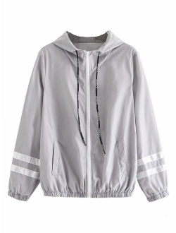 Women's Casual Color Block Drawstring Hooded Windbreaker Jacket