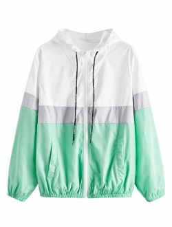 Women's Casual Color Block Drawstring Hooded Windbreaker Jacket