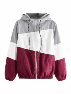 Women's Casual Color Block Drawstring Hooded Windbreaker Jacket