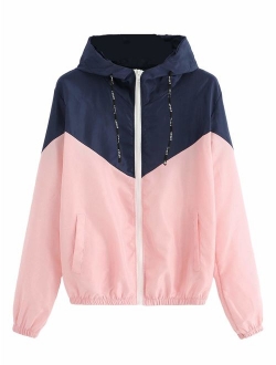 Women's Casual Color Block Drawstring Hooded Windbreaker Jacket