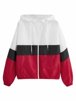 Women's Casual Color Block Drawstring Hooded Windbreaker Jacket