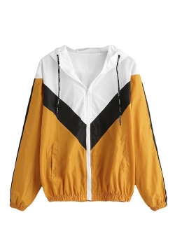 Women's Casual Color Block Drawstring Hooded Windbreaker Jacket