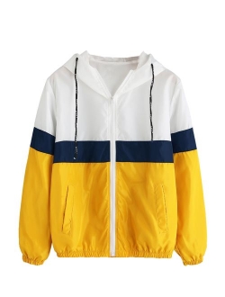 Women's Casual Color Block Drawstring Hooded Windbreaker Jacket