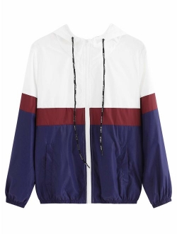 Women's Casual Color Block Drawstring Hooded Windbreaker Jacket