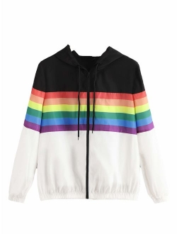 Women's Casual Color Block Drawstring Hooded Windbreaker Jacket