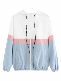 Women's Casual Color Block Drawstring Hooded Windbreaker Jacket