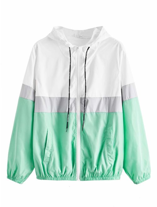 SweatyRocks Women's Casual Color Block Drawstring Hooded Windbreaker Jacket