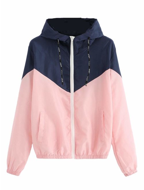 SweatyRocks Women's Casual Color Block Drawstring Hooded Windbreaker Jacket