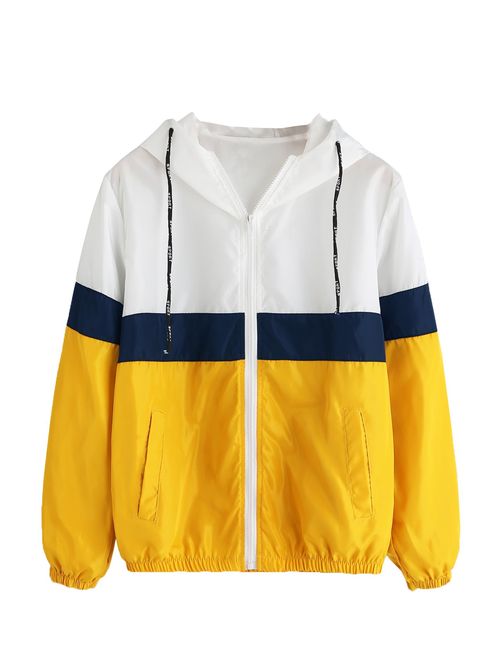 SweatyRocks Women's Casual Color Block Drawstring Hooded Windbreaker Jacket