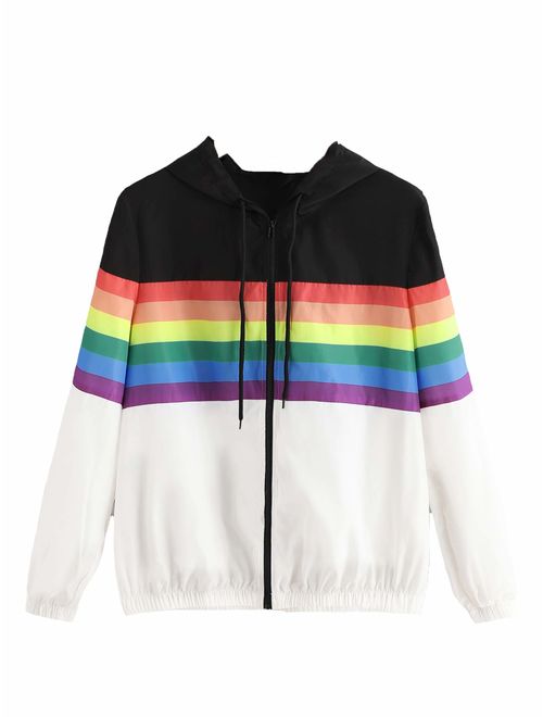 SweatyRocks Women's Casual Color Block Drawstring Hooded Windbreaker Jacket