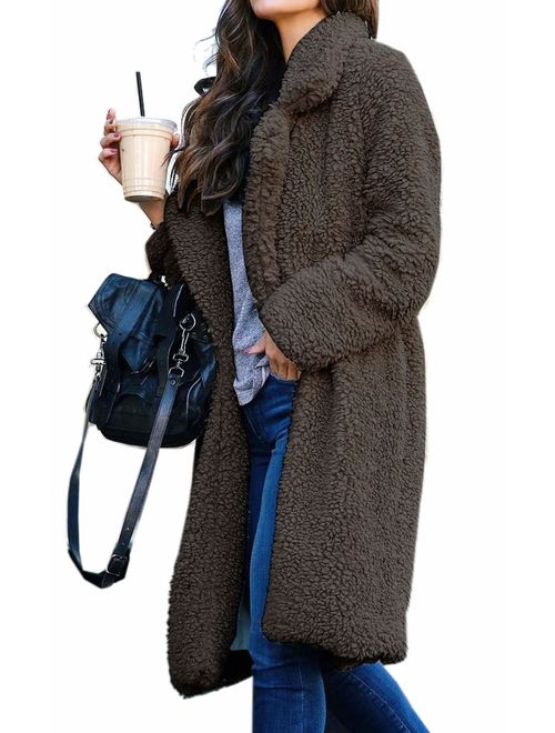 Angashion Women's Fuzzy Fleece Lapel Open Front Long Cardigan Coat Faux Fur Warm Winter Outwear Jackets with Pockets