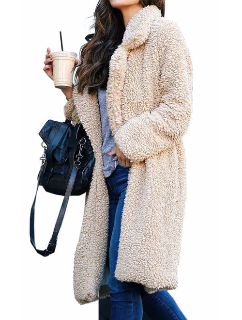 Angashion Women's Fuzzy Fleece Lapel Open Front Long Cardigan Coat Faux Fur Warm Winter Outwear Jackets with Pockets