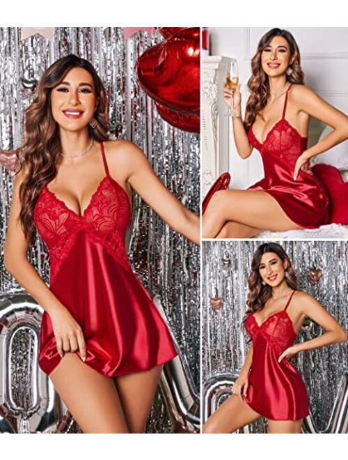 Avidlove Women Lingerie V Neck Nightwear Satin Sleepwear Lace Chemise Mini Teddy