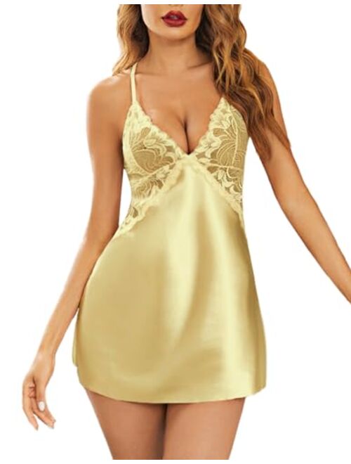 Avidlove Women Lingerie V Neck Nightwear Satin Sleepwear Lace Chemise Mini Teddy