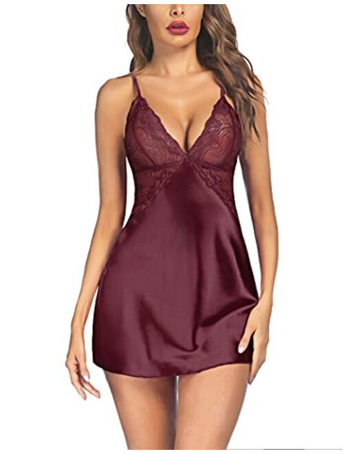 Avidlove Women Lingerie V Neck Nightwear Satin Sleepwear Lace Chemise Mini Teddy