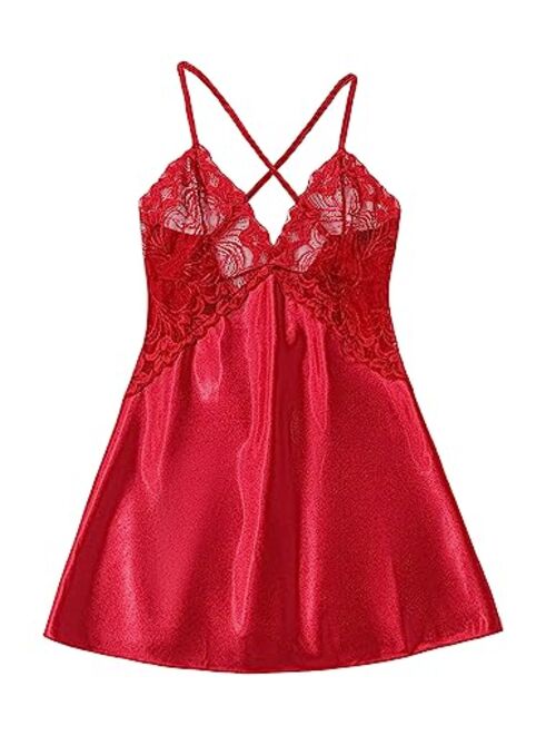 Avidlove Women Lingerie V Neck Nightwear Satin Sleepwear Lace Chemise Mini Teddy