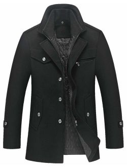 Men's Gentle Layered Collar Single Breasted Quilted Lined Wool Blend Pea Coats