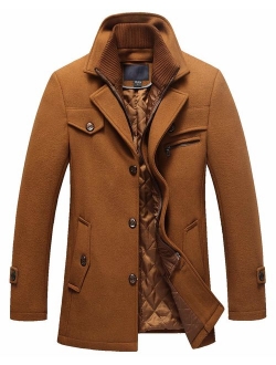 Men's Gentle Layered Collar Single Breasted Quilted Lined Wool Blend Pea Coats