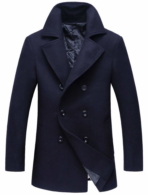 chouyatou Men's Classic Notched Collar Double Breasted Wool Blend Pea Coat