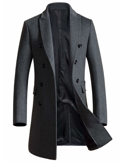 chouyatou Men's Classic Notched Collar Double Breasted Wool Blend Pea Coat