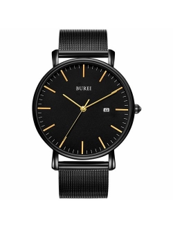 BUREI Men's Fashion Minimalist Wrist Watch Analog Date with Stainless Steel Mesh Band