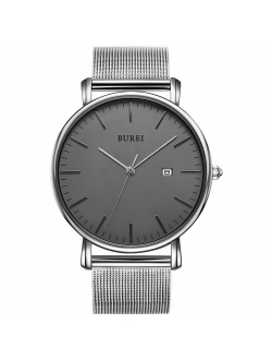 BUREI Men's Fashion Minimalist Wrist Watch Analog Date with Stainless Steel Mesh Band