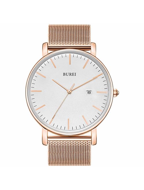 BUREI Men's Fashion Minimalist Wrist Watch Analog Date with Stainless Steel Mesh Band