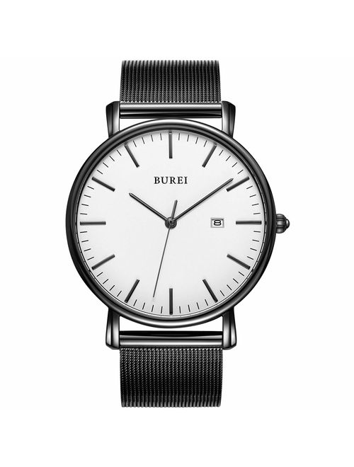 BUREI Men's Fashion Minimalist Wrist Watch Analog Date with Stainless Steel Mesh Band