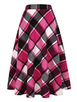 IDEALSANXUN Womens High Elastic Waist Maxi Skirt A-line Plaid Winter Warm Flare Long Skirt