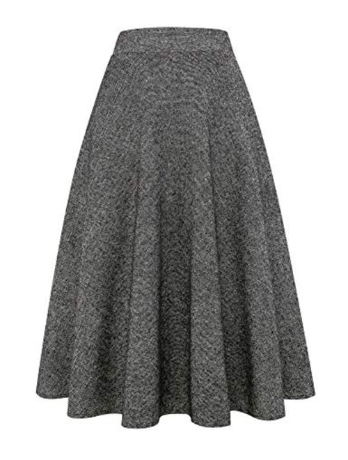 IDEALSANXUN Womens High Elastic Waist Maxi Skirt A-line Plaid Winter Warm Flare Long Skirt