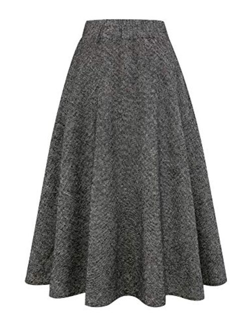 IDEALSANXUN Womens High Elastic Waist Maxi Skirt A-line Plaid Winter Warm Flare Long Skirt