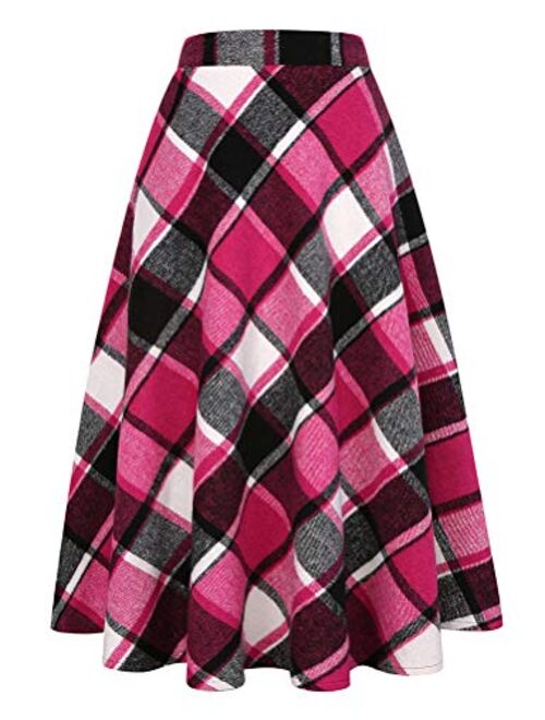 IDEALSANXUN Womens High Elastic Waist Maxi Skirt A-line Plaid Winter Warm Flare Long Skirt