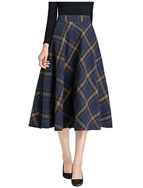 IDEALSANXUN Womens High Elastic Waist Maxi Skirt A-line Plaid Winter Warm Flare Long Skirt