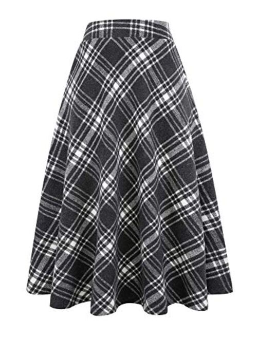 IDEALSANXUN Womens High Elastic Waist Maxi Skirt A-line Plaid Winter Warm Flare Long Skirt