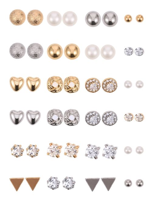 BBTO 24 Pairs Stud Earrings Crystal Pearl Earring Set Ear Stud Jewelry for Girls Women Men, Silver and Gold