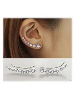 Elensan 7 Crystals Ear Cuffs Hoop Climber S925 Sterling Silver Earrings Hypoallergenic Earring