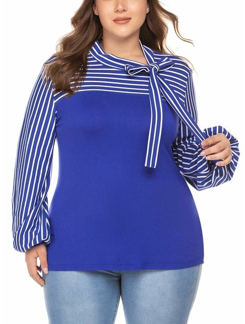 Plus Size Blouses for Women Tie-Bow Neck Striped Blouse Long Sleeve Shirt Splicing Office Work Shirts Tops