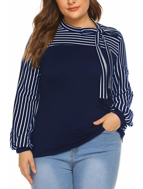 Plus Size Blouses for Women Tie-Bow Neck Striped Blouse Long Sleeve Shirt Splicing Office Work Shirts Tops