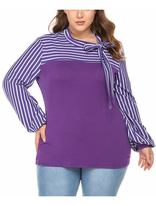 Plus Size Blouses for Women Tie-Bow Neck Striped Blouse Long Sleeve Shirt Splicing Office Work Shirts Tops