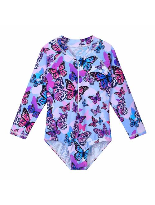 TFJH E Kids Girls Rashguard Swimsuit UV 50+ Long Sleeve One Piece Swimwear Zip